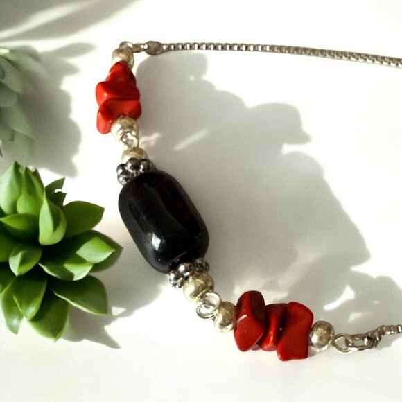 REIMAGINED Red Coral Obsidian Bracelet Earring Set Stainless Steel - Picture 3 of 7